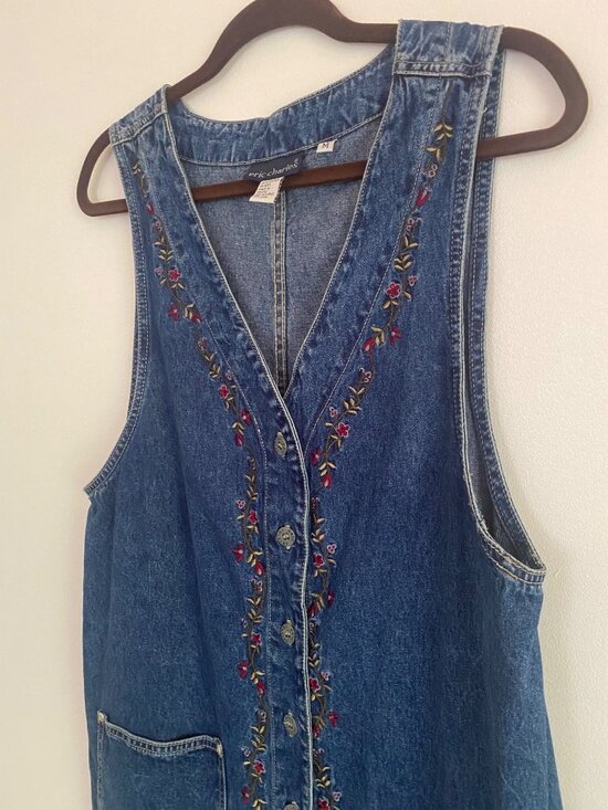 Eric Charles Dresses & Skirts - Vintage Eric Charles Denim Vest Dress With Floral Embroidery 100% Cotton Size M